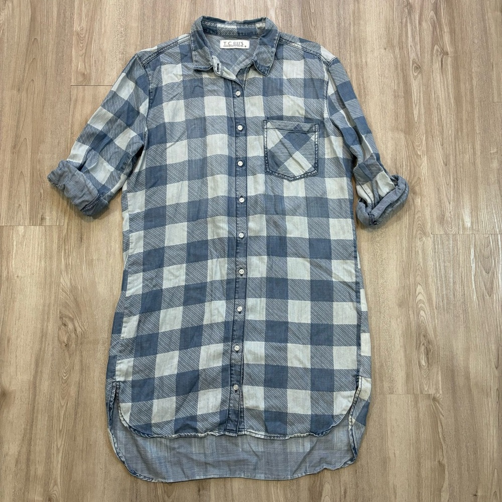 Plaid Shirt Dress Button Down Tunic Blue Gingham Casual Coastal Cowgirl Medium